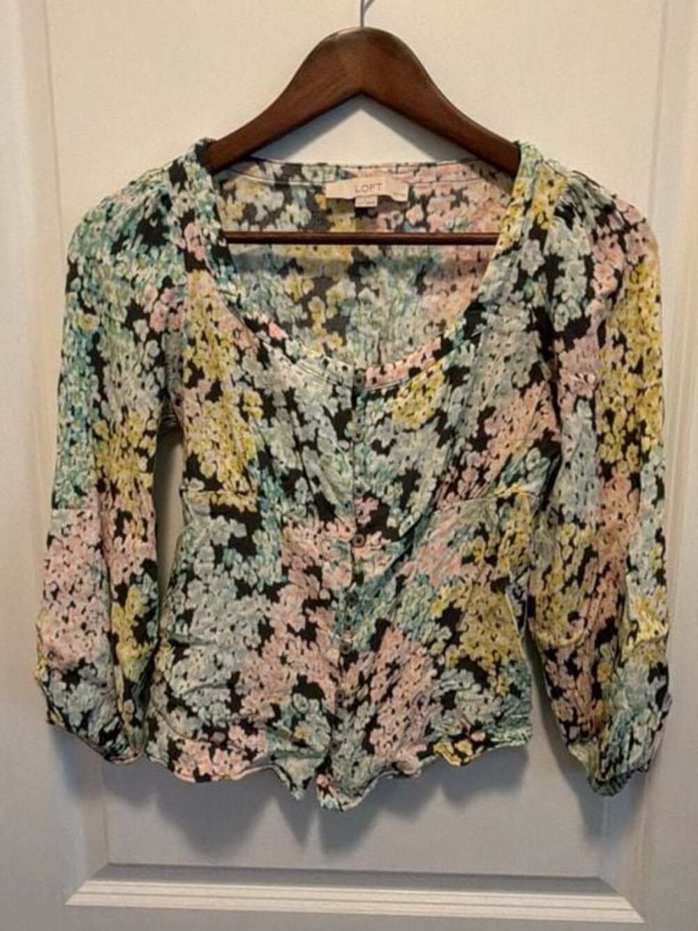 LOFT Petites Floral Garden Print Empire Waist Smocked Cuff Square Neck Blouse